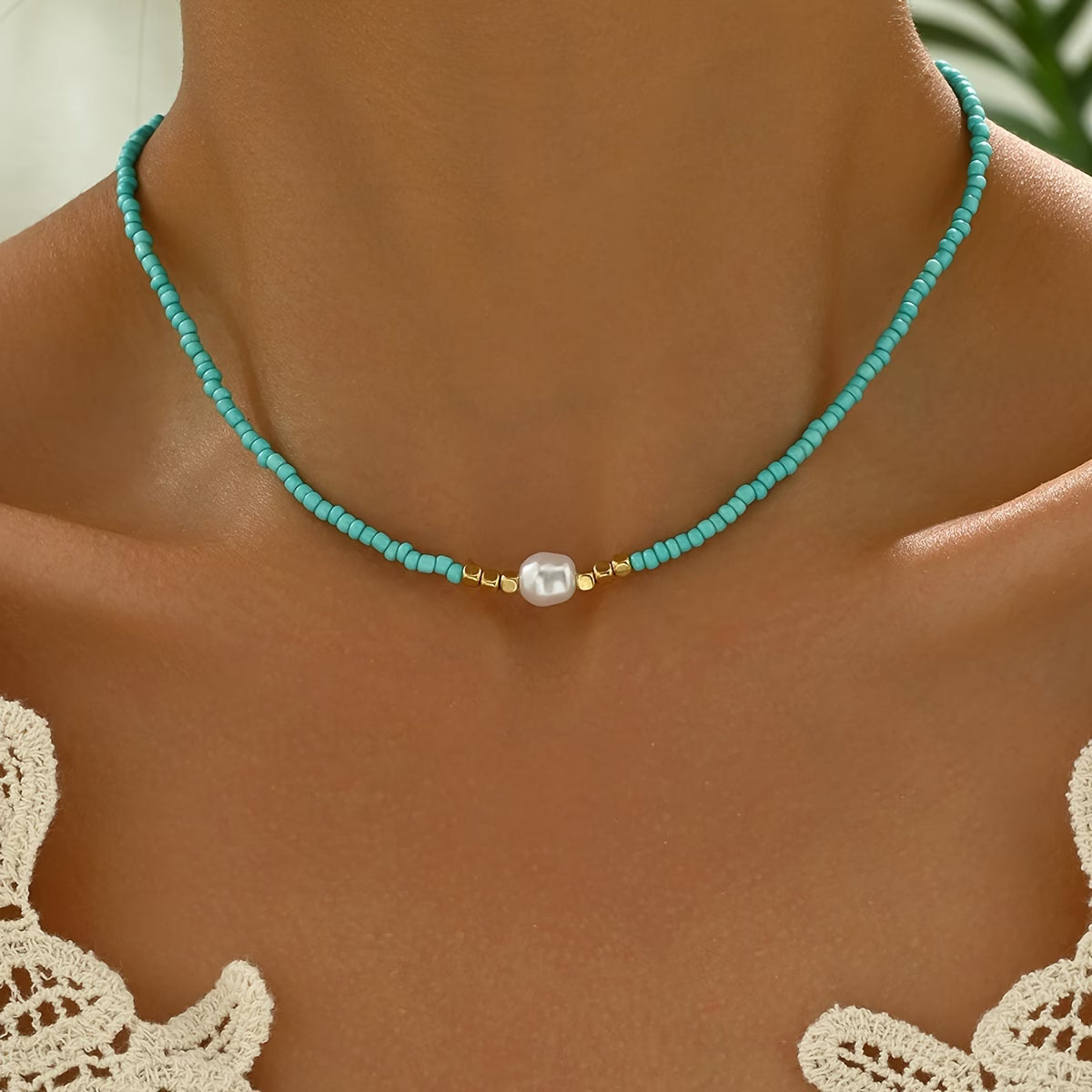 Millie Minimal Turquoise and Pearl Necklace