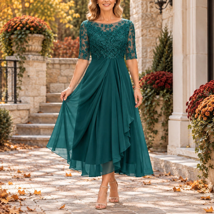 Marlena Lace Bodice Draped Midi Dress in Deep Teal