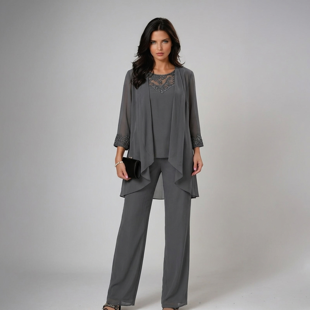 Iva Beaded Chiffon Wide-Leg Three-Piece Set
