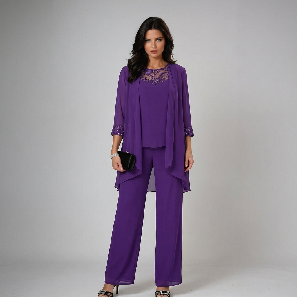 Iva Beaded Chiffon Wide-Leg Three-Piece Set
