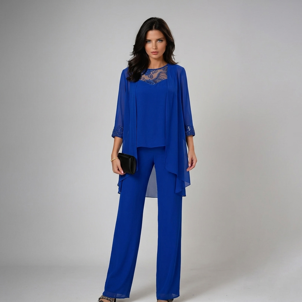 Iva Beaded Chiffon Wide-Leg Three-Piece Set