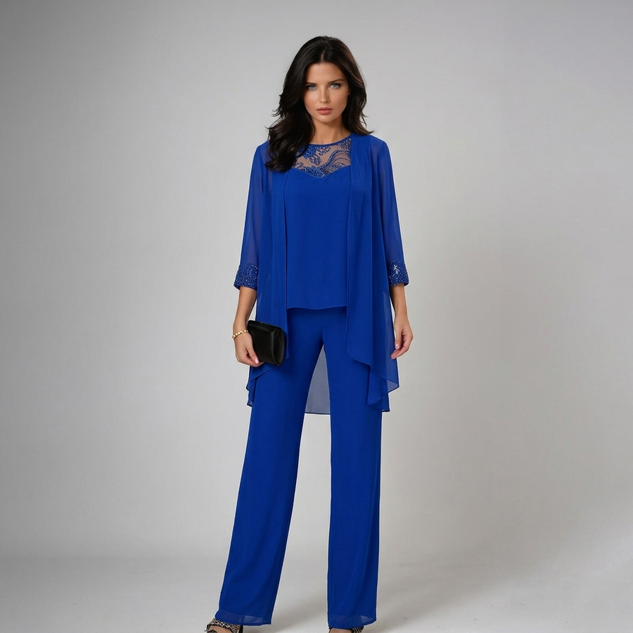 Iva Beaded Chiffon Wide-Leg Three-Piece Set