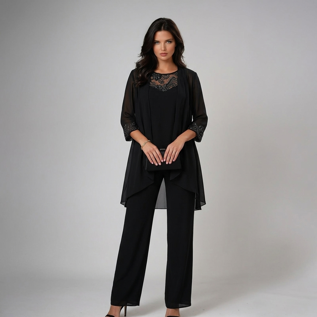 Iva Beaded Chiffon Wide-Leg Three-Piece Set