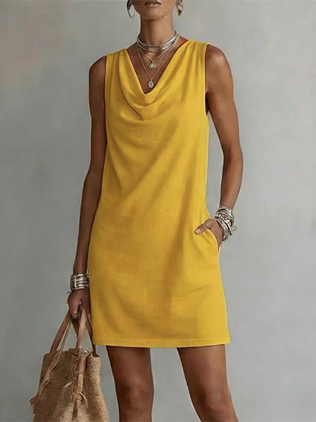 Valeria Sleeveless Cowl Neck Dress with Pockets