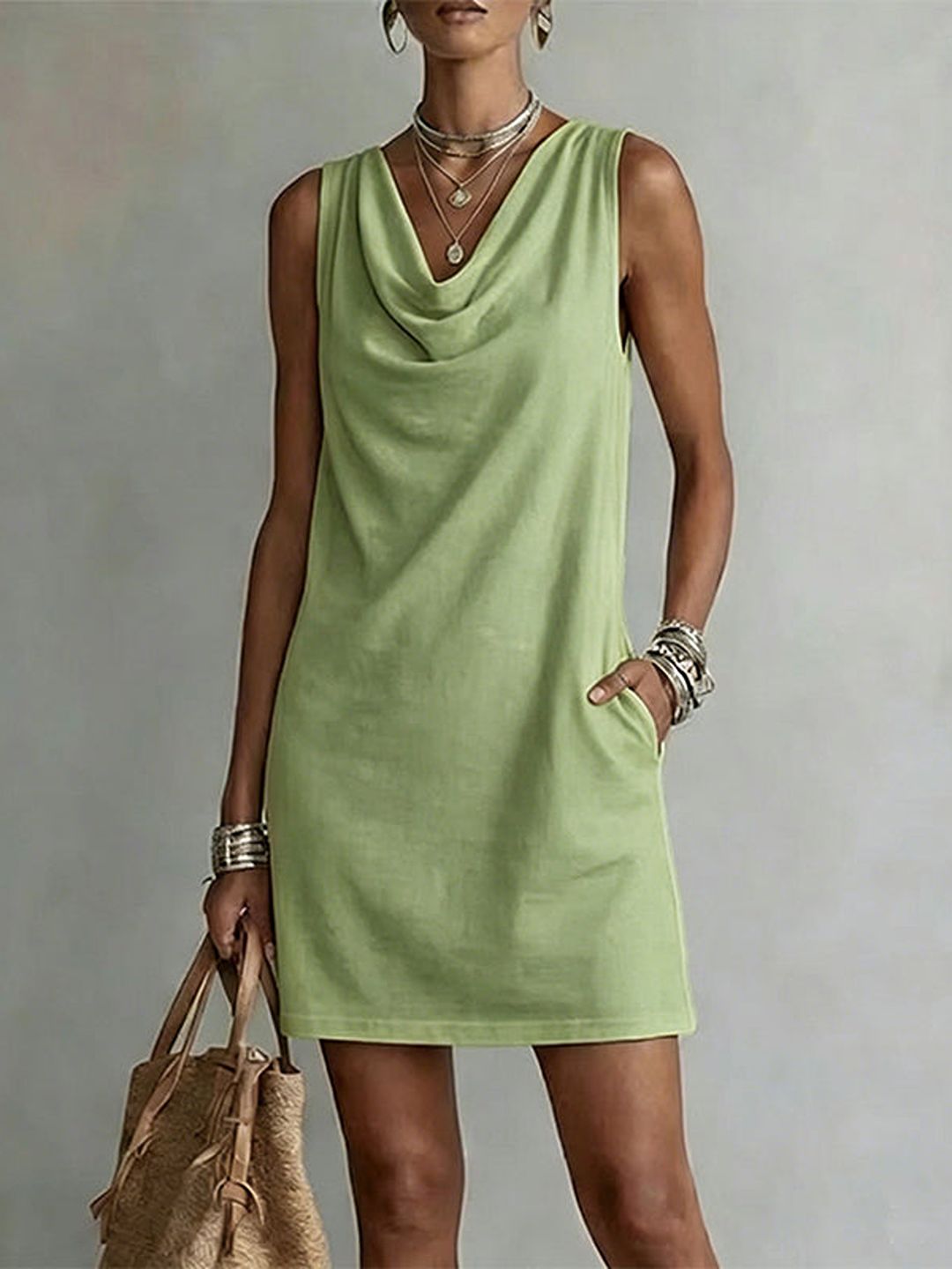 Valeria Sleeveless Cowl Neck Dress with Pockets
