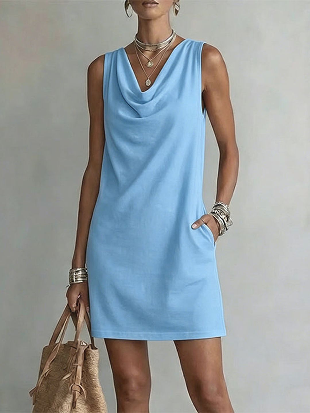 Valeria Sleeveless Cowl Neck Dress with Pockets