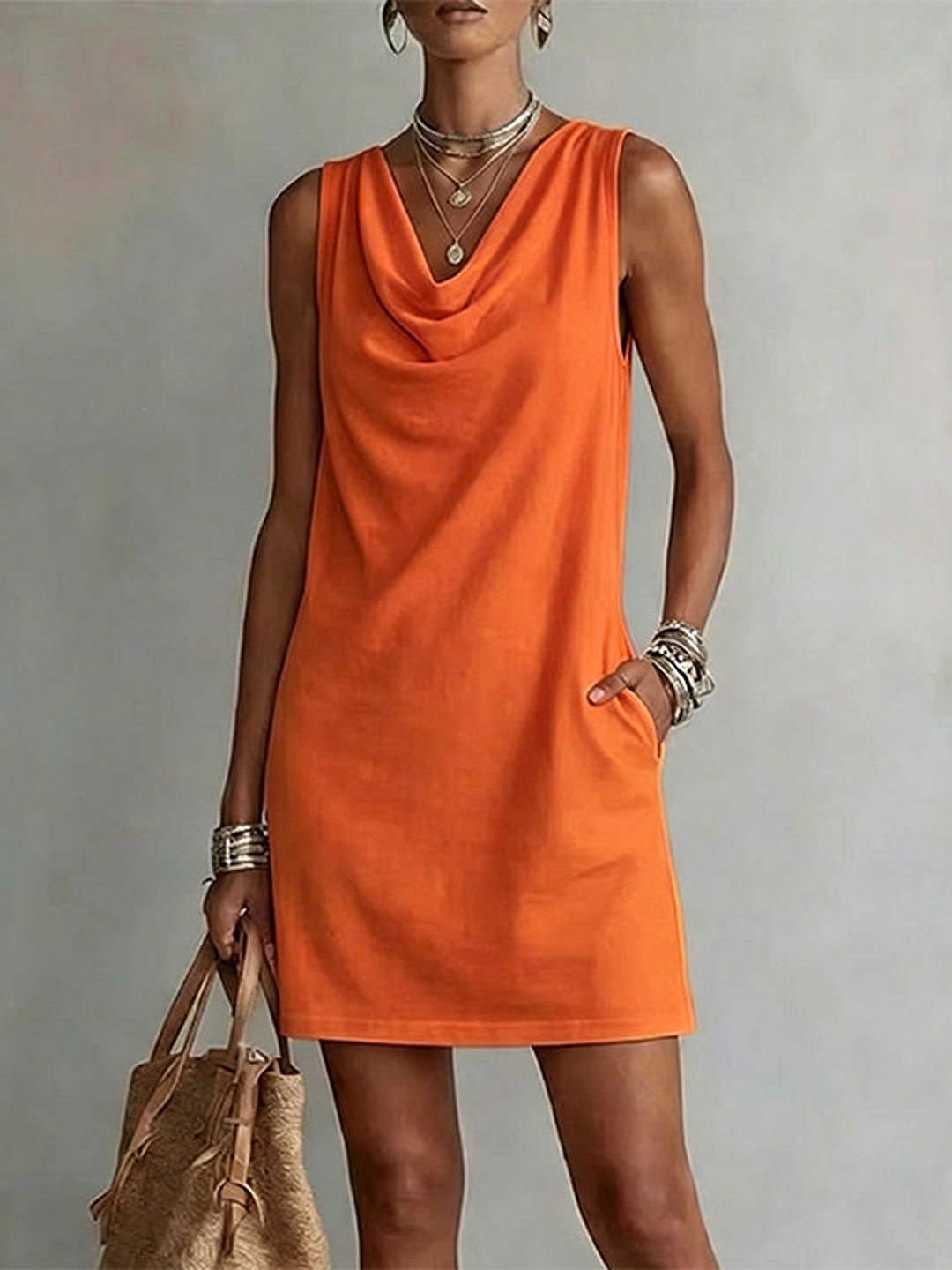 Valeria Sleeveless Cowl Neck Dress with Pockets