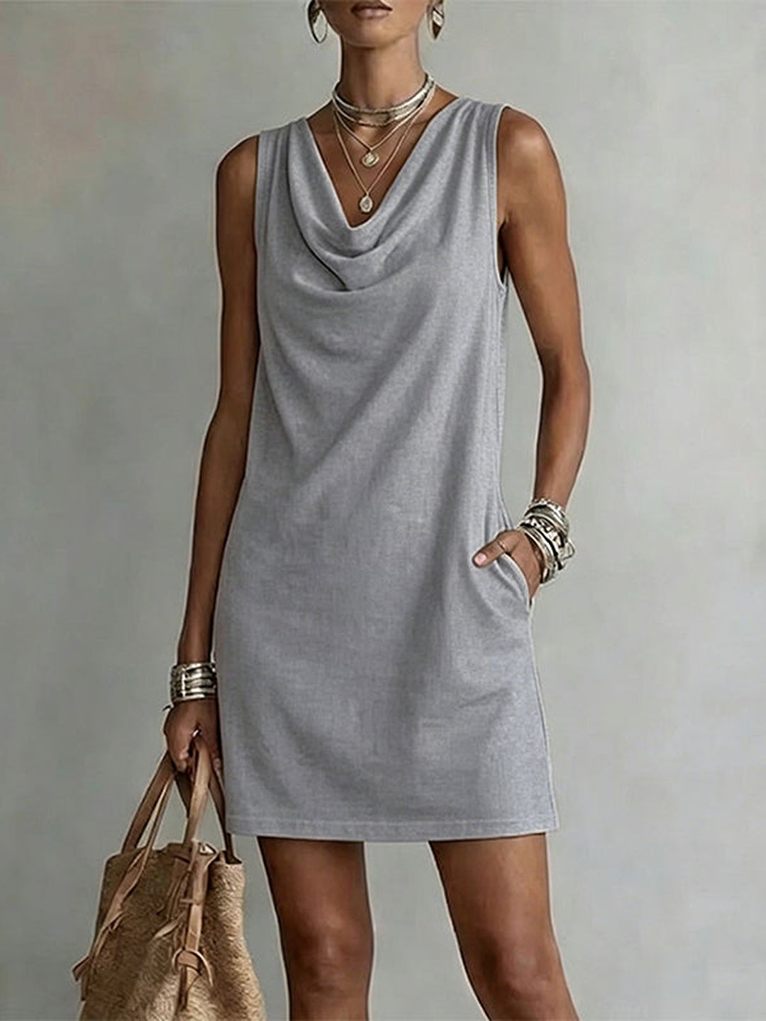Valeria Sleeveless Cowl Neck Dress with Pockets