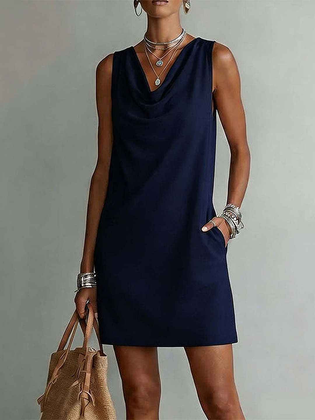 Valeria Sleeveless Cowl Neck Dress with Pockets