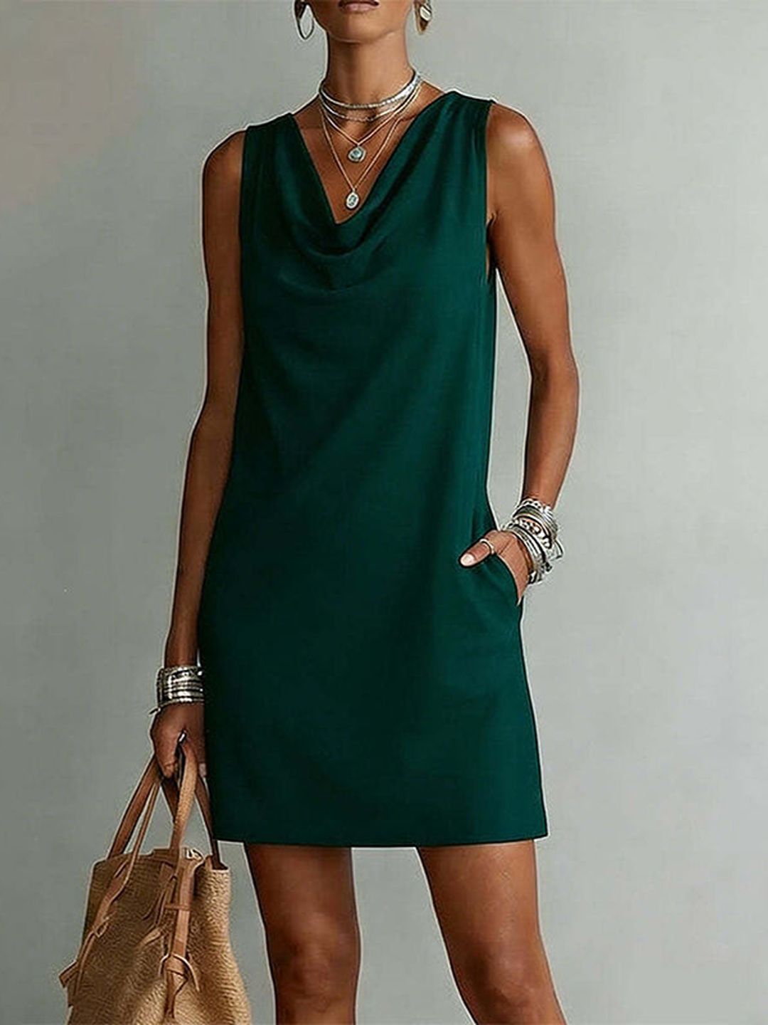 Valeria Sleeveless Cowl Neck Dress with Pockets