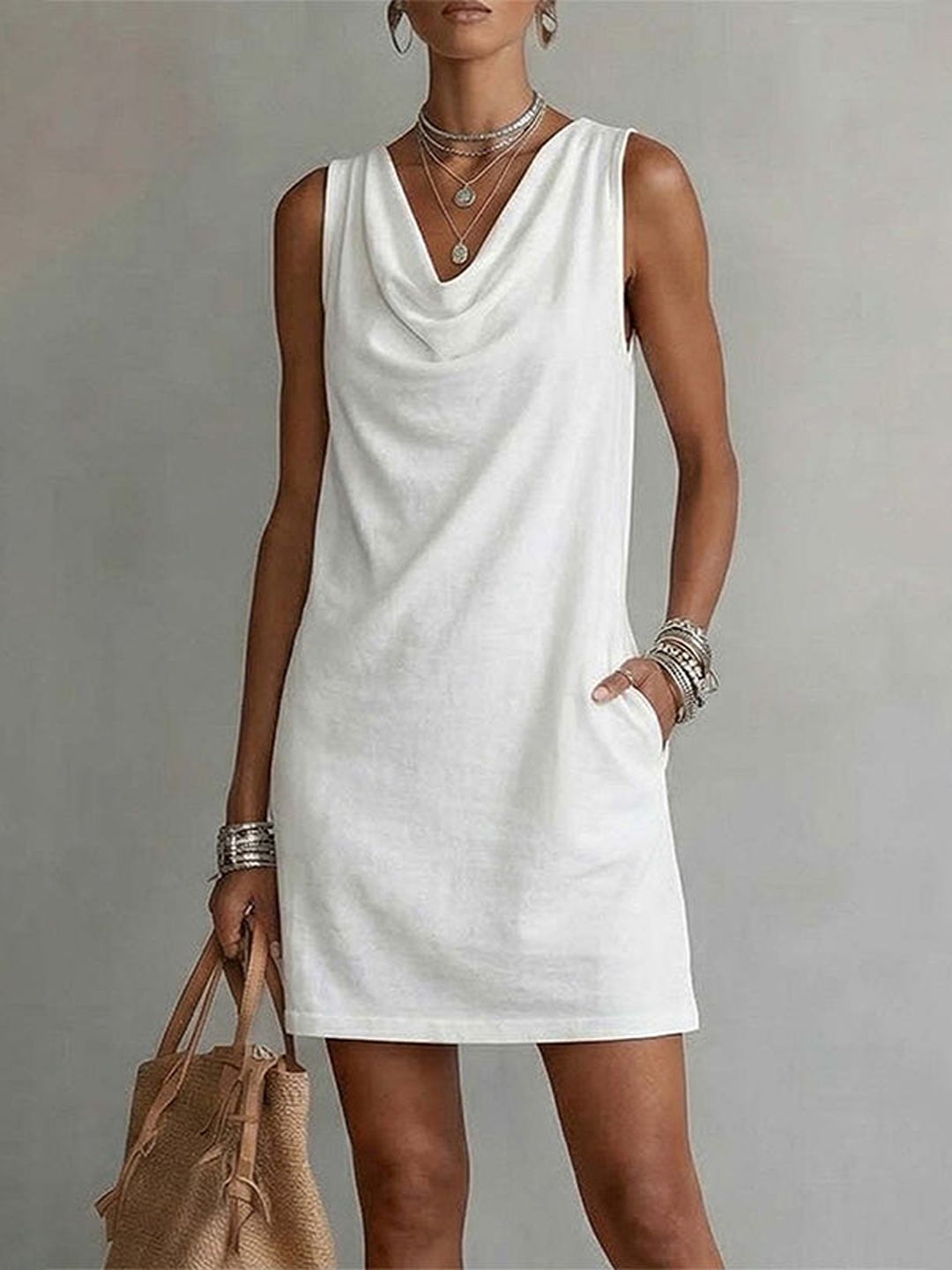 Valeria Sleeveless Cowl Neck Dress with Pockets
